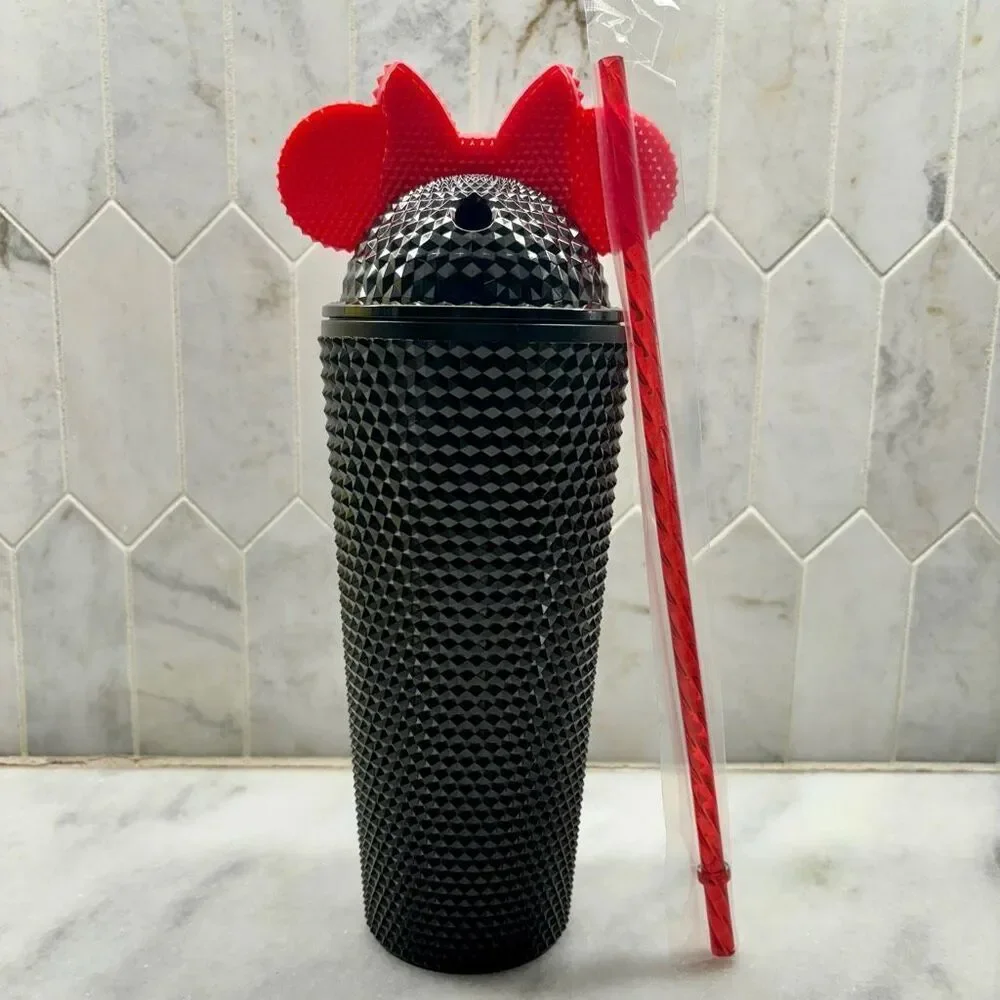 NWT Disney Kcare Minnie Mouse Textured Tumbler With Straw Black Red 20oz
